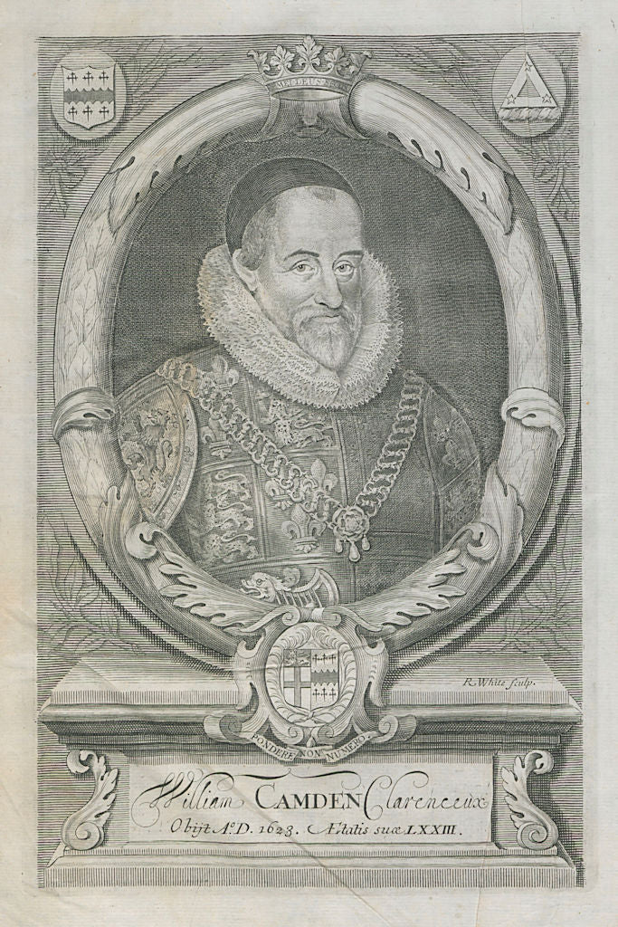 WILLIAM CAMDEN. Portrait. Frontispiece from Camden's Britannia 1722 old print